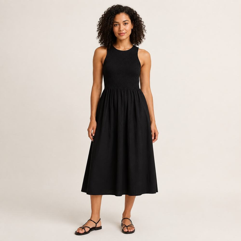 Madewell Melody Dress WMNS XS Black Smocked Sleeveless Midi Fit Flare Romantic